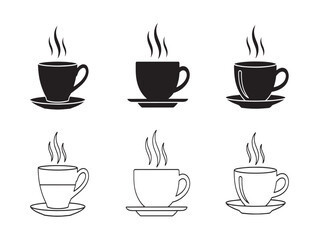 Obraz premium Six steaming coffee cups in a 2x3 grid with both black and white line art styles