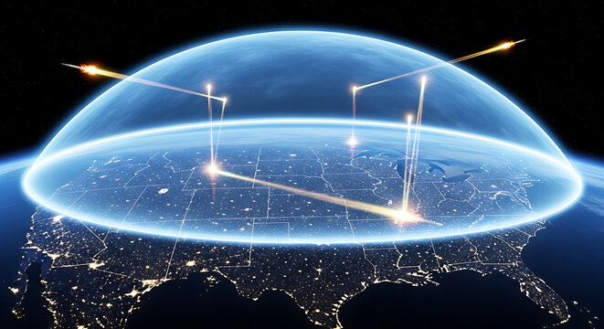 Defensive futuristic iron dome shield protecting United States of America viewed from outer space atmosphere global security concept 3D rendering orbital perspective.