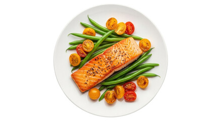 Grilled salmon fillet with green beans and cherry tomatoes isolated PNG, healthy balanced meal on transparent background