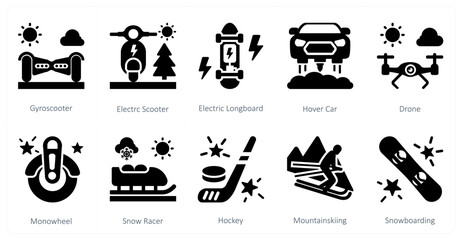 A set of 10 mix icons as gyroscooter, electric scooter, electric longboard © popcornarts