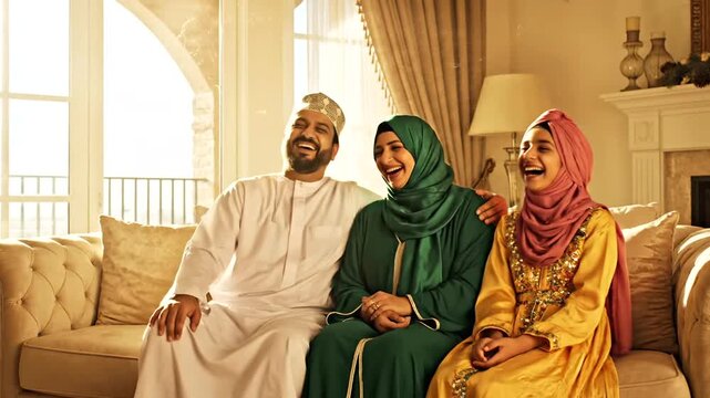 Three people in traditional clothing sitting together on a couch in a luxurious living room.