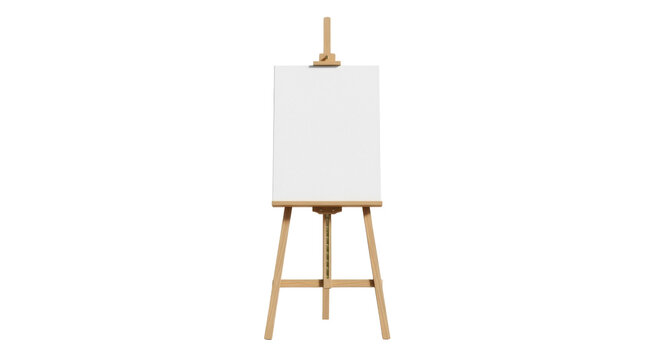 Wooden easel with blank canvas isolated PNG, art stand for painting and drawing on transparent background, artist equipment