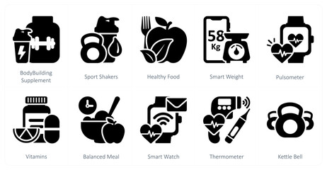 A set of 10 mix icons as body building supplement, sport shakers, healthy food