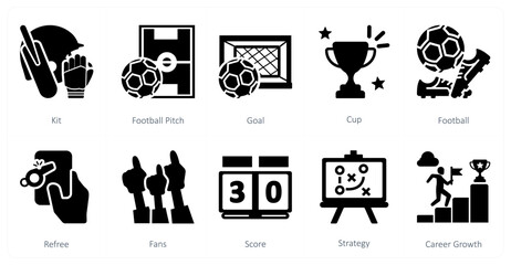 A set of 10 mix icons as kit, football pitch, goal