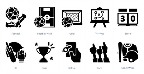 A set of 10 mix icons as football, football pitch, goal