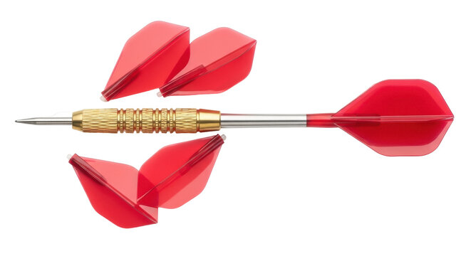 Red dart with flights isolated PNG, sharp metal tip dartboard game equipment for sports and recreation on transparent background