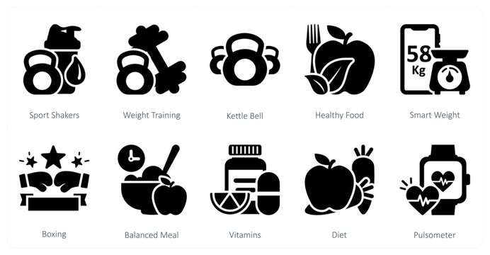 A set of 10 mix icons as sport shakers, weight training, kettle bell