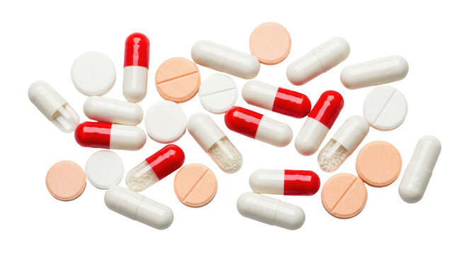 Pile of colorful pills and capsules isolated on transparent background, pharmaceutical medication for health and wellness PNG