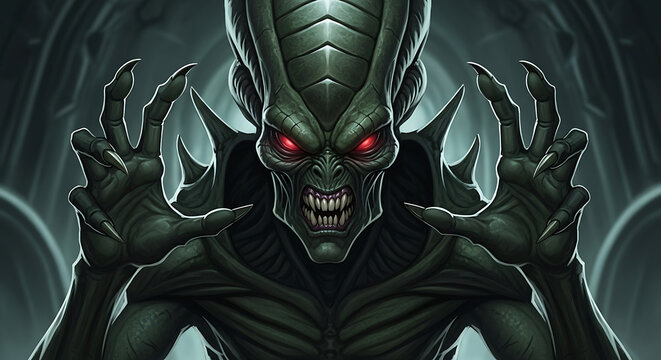 Menacing extraterrestrial creature featuring aggressive facial expression and claw reaching forward in cinematic science fiction digital illustration showcasing a hostile alien predator from space