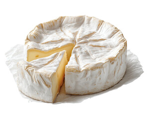 Creamy brie cheese wheel with a slice removed, atop crinkled white paper