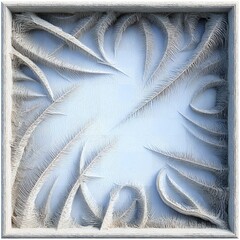 A close-up view of intricate frost patterns on a windowpane with a wooden frame
