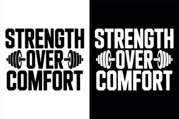Fototapeta premium Strength Over Comfort Gym Motivation Typography Design. Fitness Inspirational Quote With Barbell Illustration. Workout Motivation Text Graphic For Athletes. Athletic Lifestyle Inspirational Phrase 