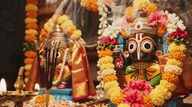 Colorful Hindu deities during puja ceremony with marigold flowers and offerings of fruits and incense. Hindu festival celebration includes traditional elements for spiritual worship and devotion.