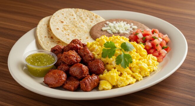 Mexican Breakfast Plate with Scrambled Eggs Chorizo and Refried Beans