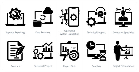 A set of 10 mix icons as laptops repairing, data recovery