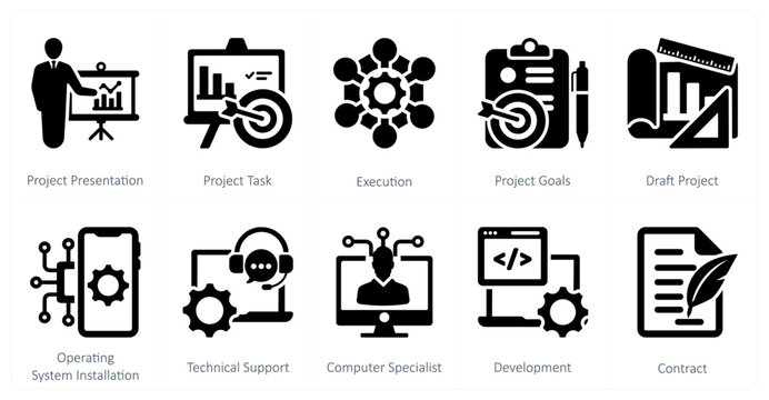 A set of 10 mix icons as project presentation, project task, execution