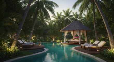 Fototapeta premium Serene Tropical Poolside Escape with Cabana and Palm Trees