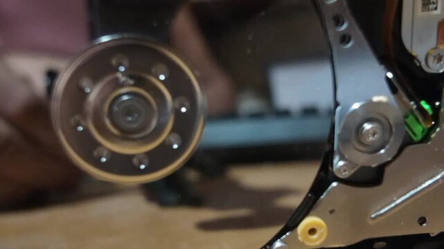Close-up Internal Mechanism of internal components of a disassembled Computer Hard Disk Drive