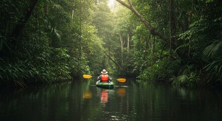 Fototapeta premium Person Kayaking on a Lush Green Jungle River