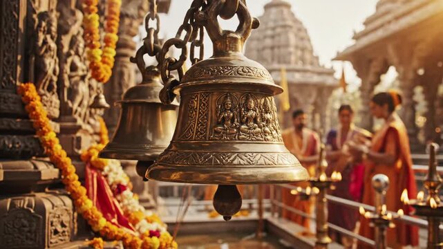 Religious ceremony with temple bells and worshippers in vibrant attire, devout participants engage in ritualistic offering and prayer practice,
