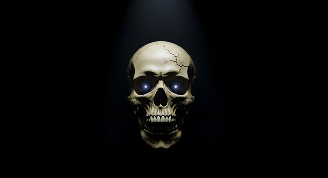 Cinematic vocalizing skeletal cranium illuminated by a dramatic spotlight against a dark void, depicting a morbid anatomical bone head in speech.