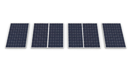 Collection of four contemporary photovoltaic solar units featuring silicon cells and aluminum frames isolated on a blank white backdrop for sustainable renewable energy and ecological power.