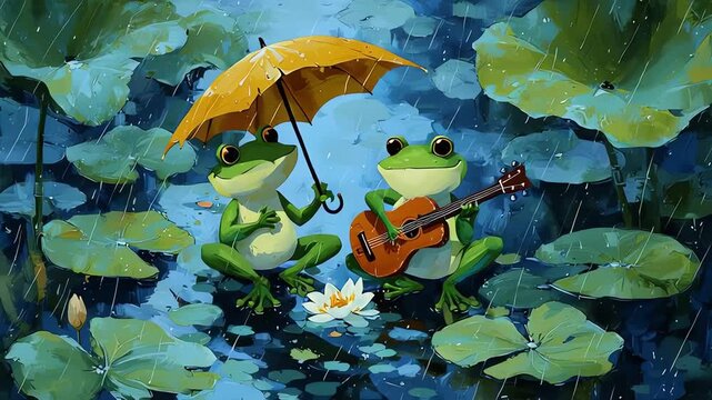 Cute frogs playing guitar under an umbrella in the rain impressionism