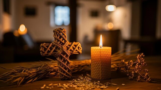 Warm Candle and Wicker Cross Decor with Wheat and Flowers for Imbolc Celebration in Cozy Indoor Setting