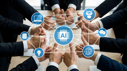 Professional business team shows thumbs up in a circle connected to artificial intelligence and technology icons for innovation and successful collabo