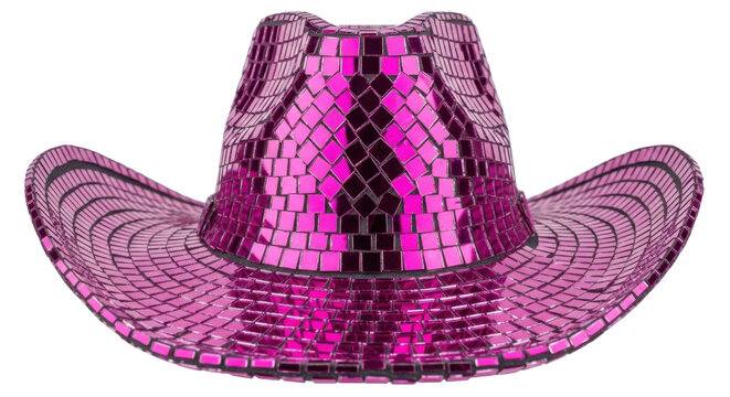 Sparkly pink disco ball cowboy hat isolated PNG, fun and festive headwear for parties and special events on transparent background