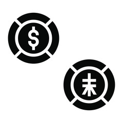 Black and white poker chips with dollar and yen symbols on white background icon