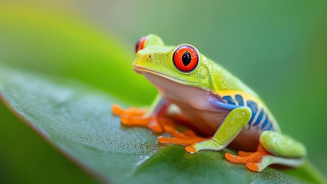 Red-Eyed Tree Frog Macrophotography on a Green Leaf in the Jungle