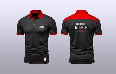 A high-quality digital apparel mockup featuring a classic men's polo shirt, presented in a sleek black color with dynamic red accents on the collar, cuffs, and upper back panel. This versatile templat