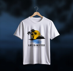 White T-Shirt with Tropical City Sunset Design and 'Life is Better in Summer' Text, hanging on a wooden hanger against a dark background, capturing the essence of vacation and warmth.