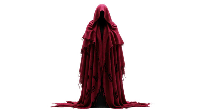 Creepy red hooded cloak PNG isolated on transparent background, mysterious figure in tattered robe for Halloween and fantasy concepts