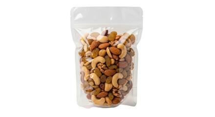 Trail mix in clear plastic bag isolated PNG, healthy snack with nuts and raisins on transparent background, food photography © Irina