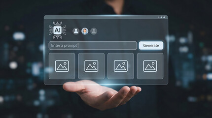 Human hand holds an AI image generation interface showing a prompt and output placeholders in a futuristic dark setting