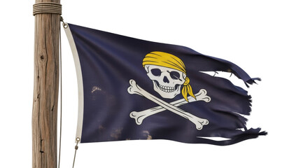 Torn pirate flag PNG isolated on transparent background, skull and crossbones symbol for adventure and nautical themes © Irina