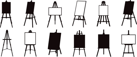 Artist easel silhouette icon set showing blank canvas stands in multiple styles in black vector design for art and presentation use © MSTAYESHASIDDIKA
