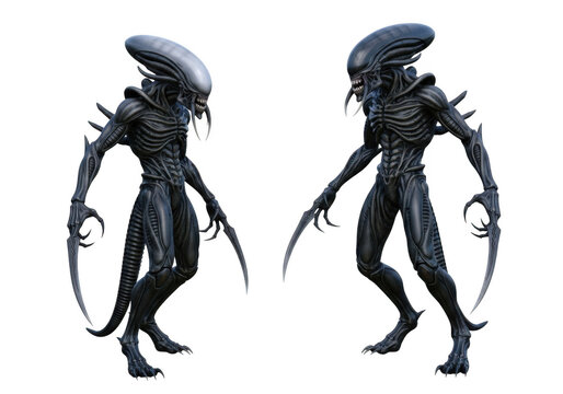 Two xenomorphs from the alien franchise standing in a menacing pose, showcasing their sharp claws and elongated heads, perfect for horror-themed designs isolated on transparent background