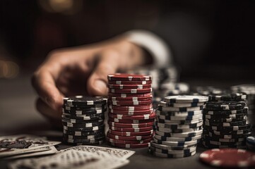 Naklejka premium Hand reaching for poker chips at a gambling table with playing cards visible
