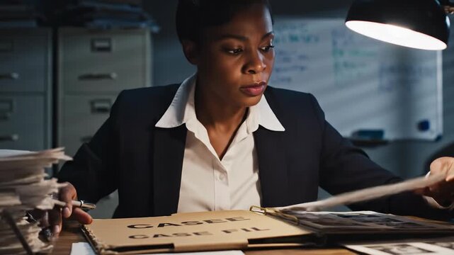 Detective reviewing case files and evidence at desk under lamp