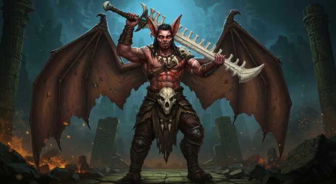 Powerful Demon Warrior with Bat Wings and Swords in Dark Ruins