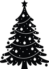 Fototapeta premium Black silhouette Christmas tree illustration with ornaments and star, minimalist holiday decoration graphic for winter celebration designs, greeting cards, 