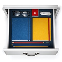 An open white drawer containing a neatly organized collection of office supplies including notebooks pencils glasses and a sharpener