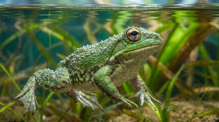 Close-up of a Green Frog in Clear Freshwater Pond