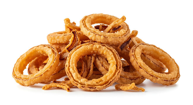Croustillant tas d'oignons frits dor&eacute;s isol&eacute;s sur fond blanc pur, garniture croustillante et savoureuse pour cuisine gastronomique, photographie de studio professionnelle haute r&eacute;solution.