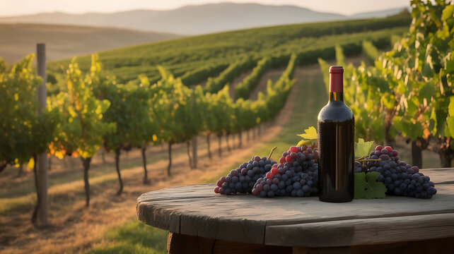 A bottle of wine and grapes on a wooden table in a serene vineyard at sunset