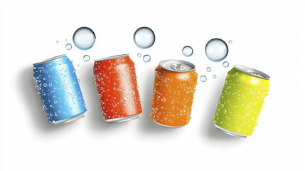 Colorful soda cans with bubbles create refreshing and vibrant scene, perfect for summer vibe