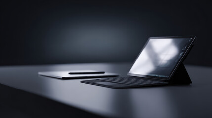 Modern professional workspace with digital tablet and laptop on dark desk surface in low light